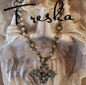 Treska Crystal & Gold Tone Necklace NWOT